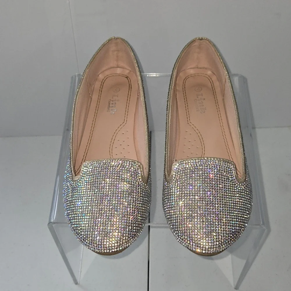 Link Comfort Women Size 4 Gold Rhinestone Sparkle Ballet Flats Slip On Loafers